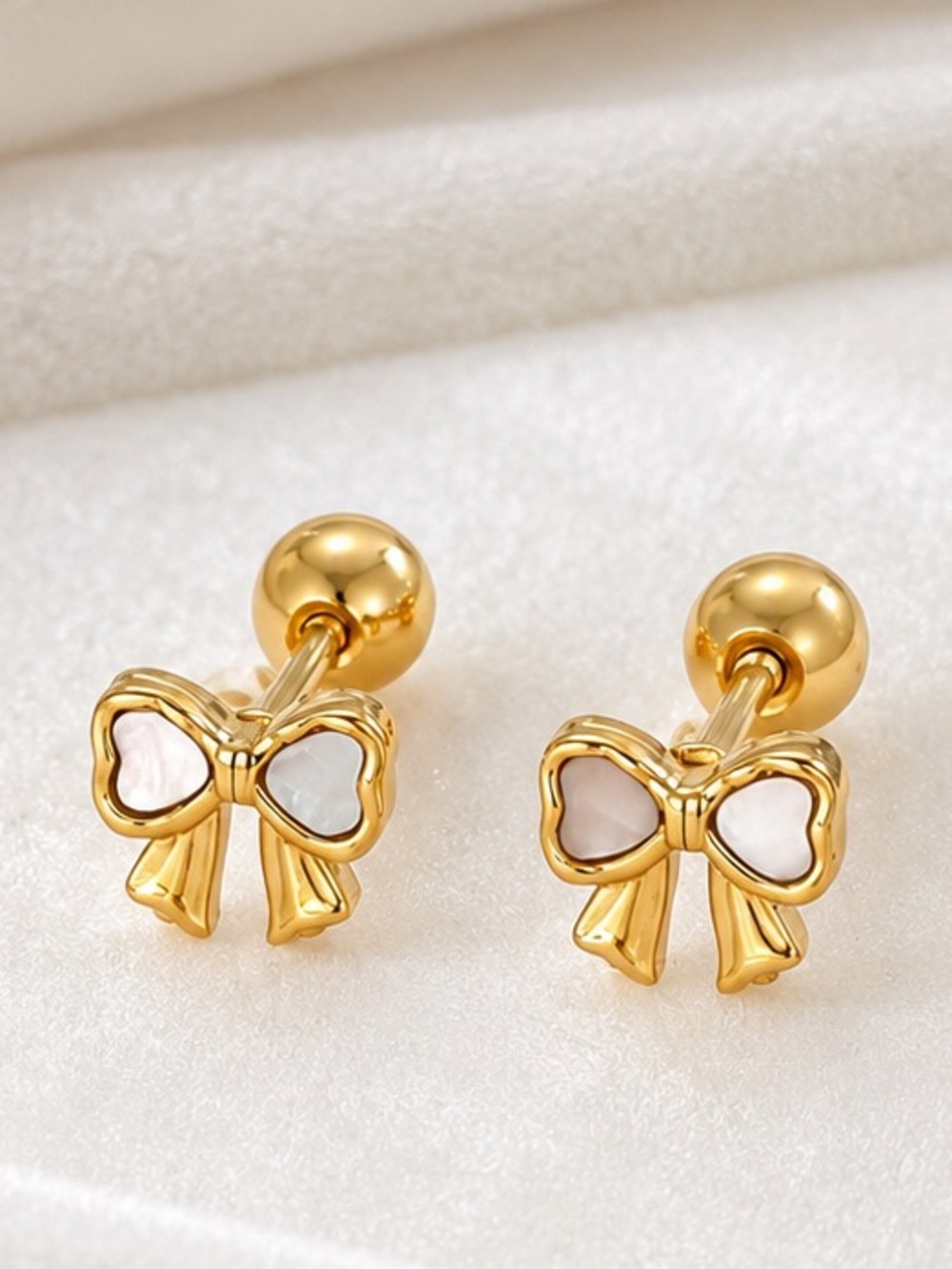 Exquisite  Tiny Stainless Steel Plated 18k Gold Bow Stud Earrings / White Inlay